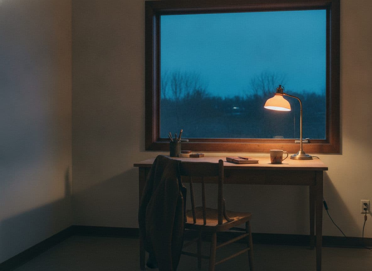 A quiet office desk at dusk with a warm lamp still on and an empty chair, blue evening light through the window.