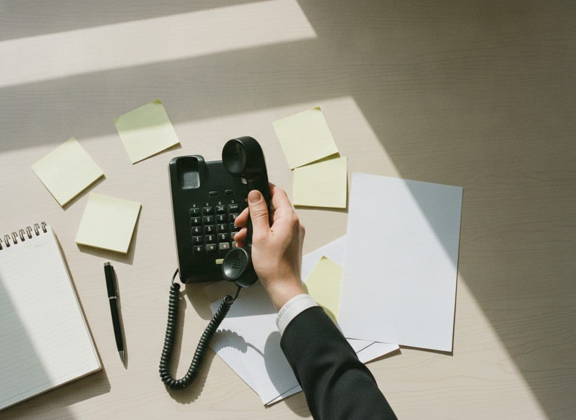 A hand lifting the handset of a corded desk phone surrounded by paper notes, in soft daylight.