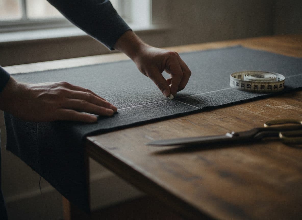 A tailor's hands marking dark wool fabric with chalk on a wooden table, beside a measuring tape and shears.