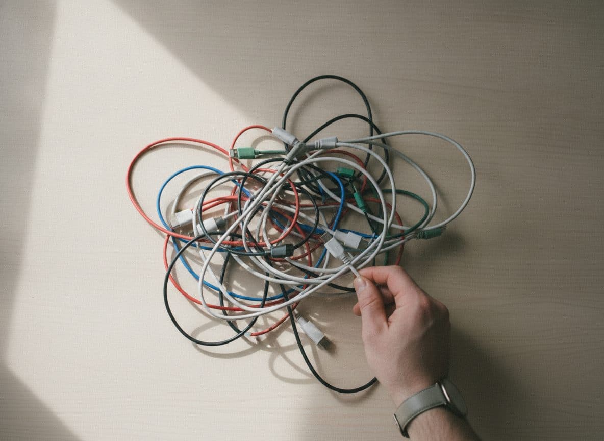 A hand pulling one cable free from a tangled knot of mismatched cables on a desk.