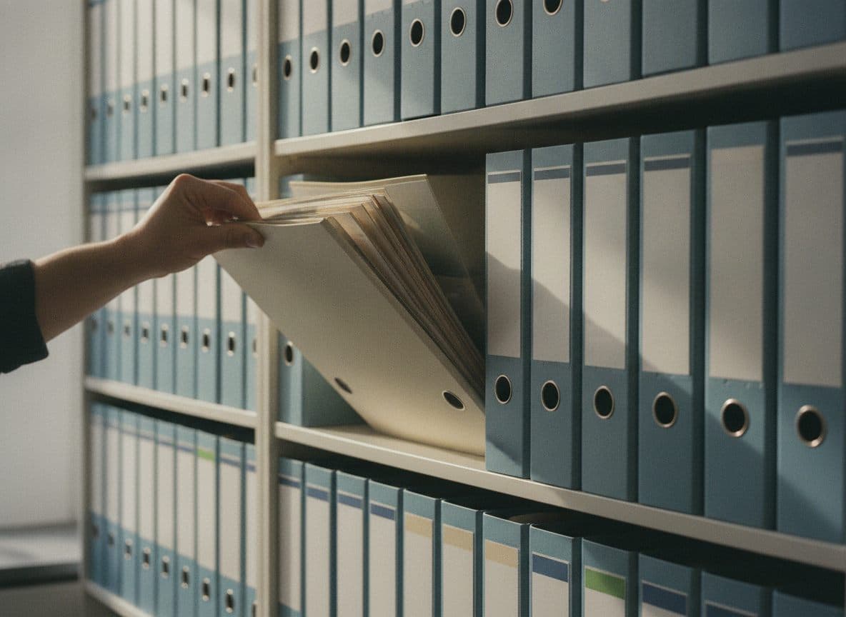 A hand pulling an overstuffed folder of papers from a shelf packed with binders.