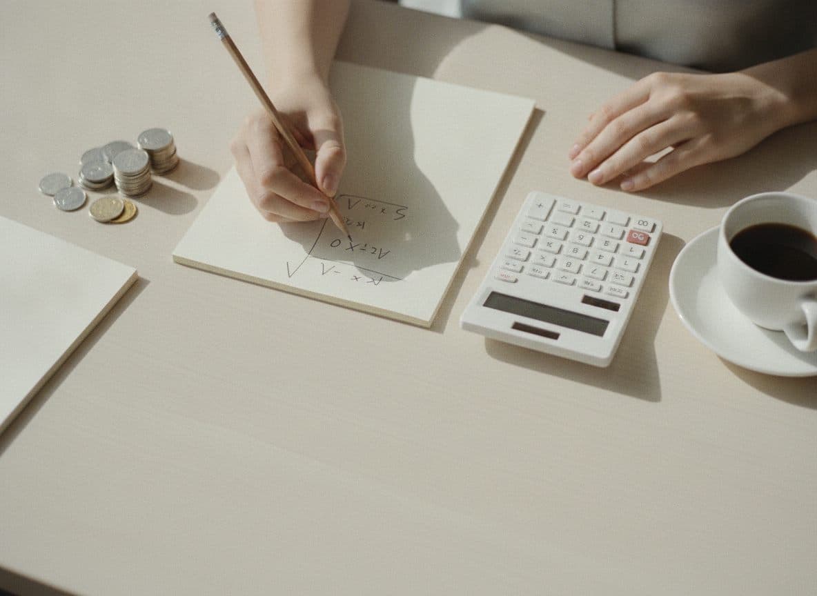 Hands working out a sum on a notepad beside a calculator, a small stack of coins and a cup of coffee.