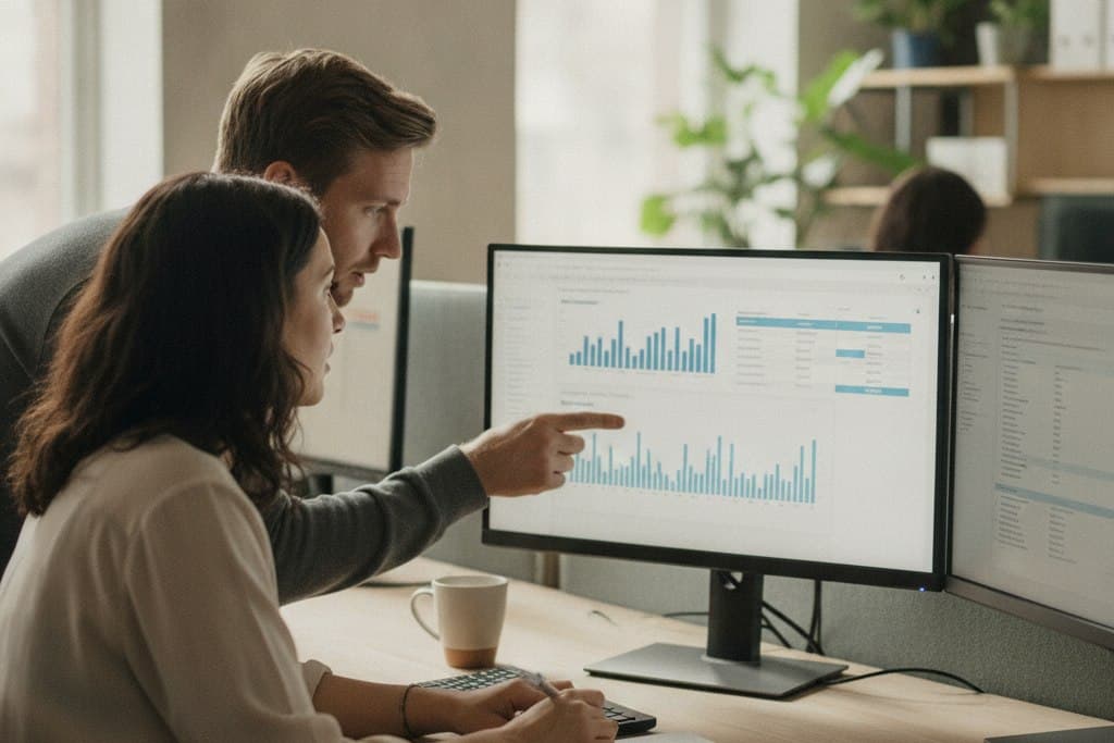 Two people at a desk looking at a dashboard on a monitor, one pointing at a chart